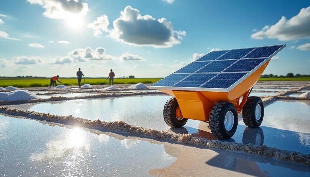 découvrez la brouette solaire innovante qui transforme le paysage de la saline de guérande en fournissant une source d'électricité renouvelable. une avancée écologique qui allie tradition et modernité pour soutenir les artisans saliculteurs dans leur travail.
