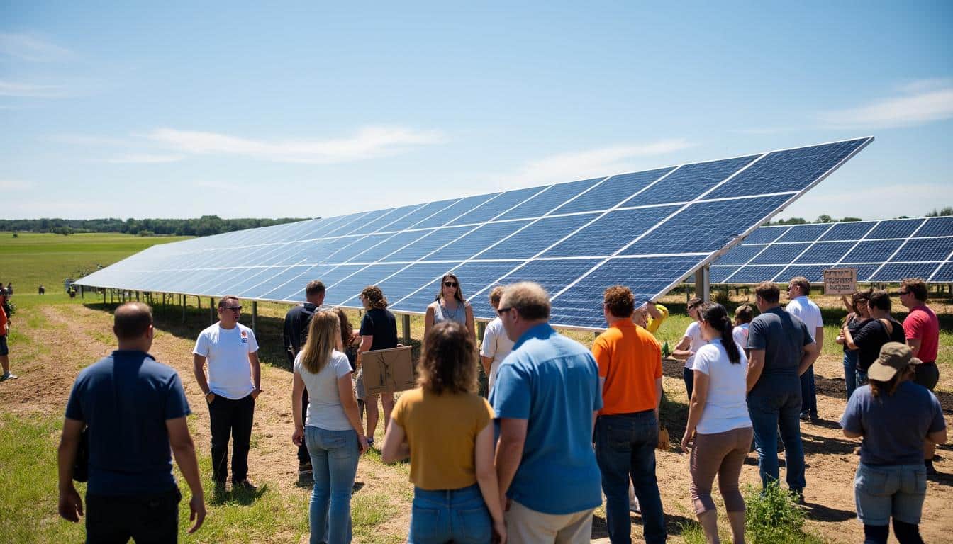 célébrez l'inauguration d'un nouveau parc solaire citoyen, installé sur une ancienne zone de dépôt de matériaux, transformant un site industriel en une source d'énergie propre et durable.