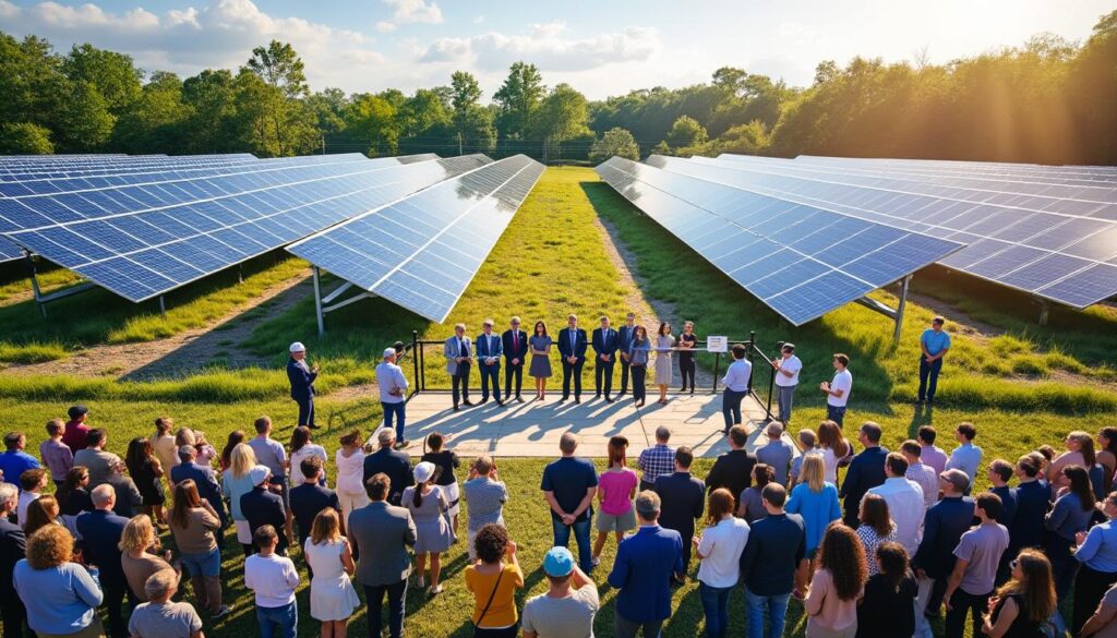 inauguration d’un nouveau parc solaire citoyen installé sur une ancienne zone de dépôt de matériaux, symbolisant une transition écologique et un engagement local pour les énergies renouvelables.