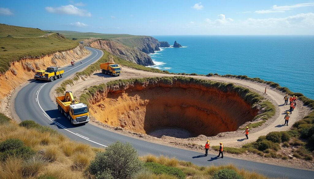 route du vent solaire : travaux urgents de réparation du trou béant à tréogat pour sécuriser la voie avant la saison estivale.
